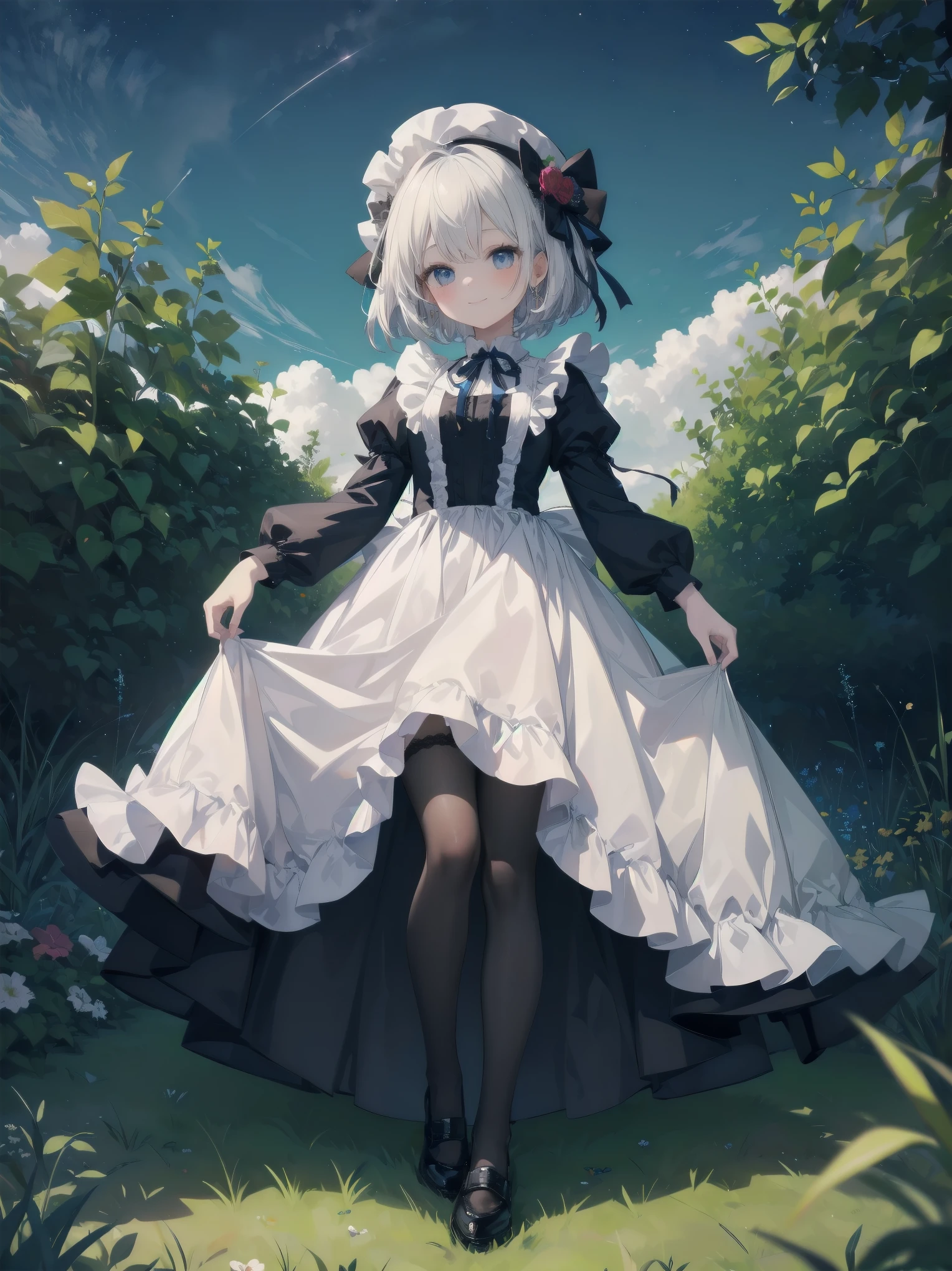 A serene outdoor scene unfolds at dusk, with a brilliant blue sky transitioning into a canvas of twinkling stars. A beautiful young girl, dressed in a stunning white and black gothic maid dress adorned with a navy blue ribbon, stands amidst lush green grass. Her companion, a delightful toddler, dons a charming maid hat with ruby accessories, complemented by black stockings and shoes. The little one beams with joy, smiling brightly as they gaze up at the celestial display together