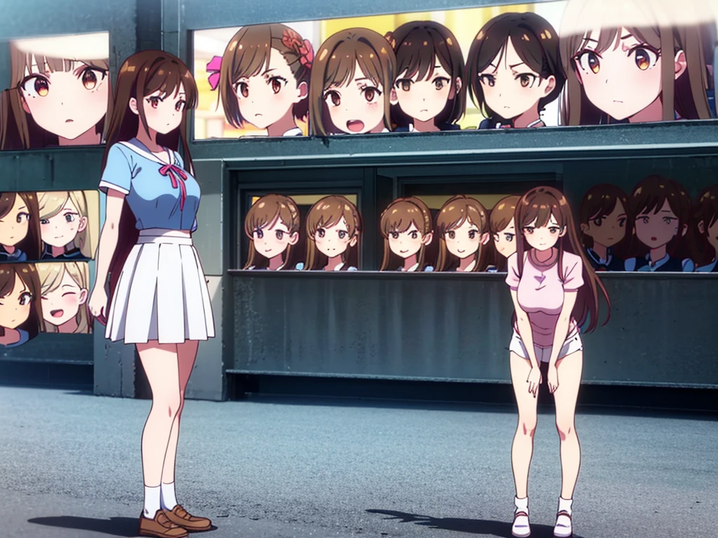 mizuharachizuru, chizuru ichinose, ((long hair)), bangs, brown hair, (brown eyes:1.5), one side up, smile, (clonealike:2), 5+girls, multiple identical girls, large breasts, thighs, shiny legs, 
BREAK skirt, shirt, short sleeves, puffy sleeves, puffy short sleeves, white skirt, white short, pink shirt, white low socks, brown shorts shoes, 
BREAK indoors, boutique outlet shop, crowd, girls,
BREAK looking bikini swimsuit clothes prices at the display cabinet, (cowboy shot:1.5),
BREAK (masterpiece:1.2), best quality, high resolution, unity 8k wallpaper, (illustration:0.8), (beautiful detailed eyes:1.6), extremely detailed face, perfect lighting, extremely detailed CG, (perfect hands, perfect anatomy), seductive appearance and posture, ((full body)), ((standing)), ((lean forward)), harem, lineup of 5+girls, 