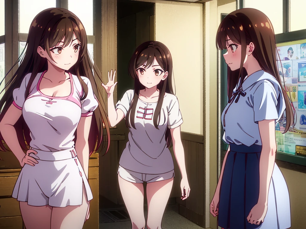 mizuharachizuru, chizuru ichinose, ((long hair)), bangs, brown hair, (brown eyes:1.5), one side up, smile, (clonealike:2), 5+girls, multiple identical girls, large breasts, thighs, shiny legs, 
BREAK skirt, shirt, short sleeves, puffy sleeves, puffy short sleeves, white skirt, white short, pink shirt, white low socks, brown shorts shoes, 
BREAK indoors, boutique outlet shop, crowd, girls,
BREAK looking bikini swimsuit clothes prices at the display cabinet, (cowboy shot:1.5),
BREAK (masterpiece:1.2), best quality, high resolution, unity 8k wallpaper, (illustration:0.8), (beautiful detailed eyes:1.6), extremely detailed face, perfect lighting, extremely detailed CG, (perfect hands, perfect anatomy), seductive appearance and posture, ((full body)), ((standing)), ((lean forward)), harem, lineup of 5+girls, 