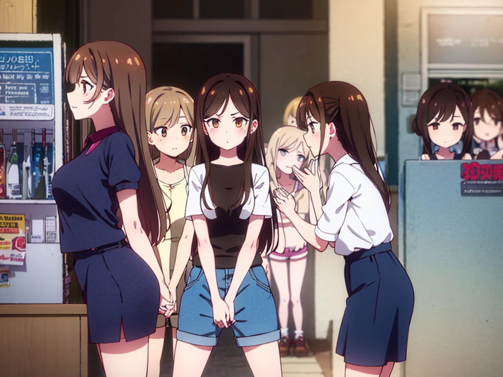 mizuharachizuru, chizuru ichinose, ((long hair)), bangs, brown hair, (brown eyes:1.5), one side up, smile, (clonealike:2), 5+girls, multiple identical girls, large breasts, thighs, shiny legs,
BREAK skirt, shirt, short sleeves, puffy sleeves, puffy short sleeves, white skirt, white short, pink shirt, white low socks, brown shorts shoes,
BREAK indoors, boutique outlet shop, crowd, girls,
BREAK looking bikini swimsuit clothes prices at the display cabinet, (cowboy shot:1.5),
BREAK (masterpiece:1.2), best quality, high resolution, unity 8k wallpaper, (illustration:0.8), (beautiful detailed eyes:1.6), extremely detailed face, perfect lighting, extremely detailed CG, (perfect hands, perfect anatomy), seductive appearance and posture, ((full body)), ((standing)), ((lean forward)), harem, lineup of 5+girls,