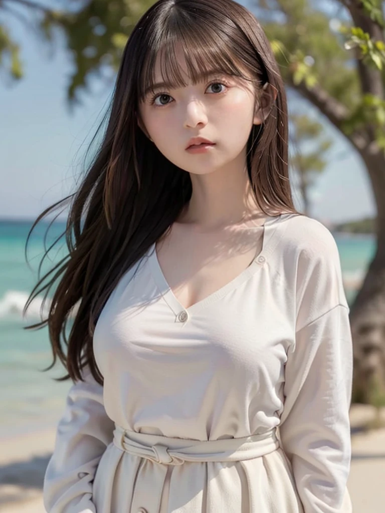 masterpiece, highest quality, 8k, 20th Generation, Big Breasts, cute, alone, sad, cute, Girlish, cute、Delicate girl, Pure beauty,  RAW Photos, Professional photography, Portraiture, Soft Light, Professional Lighting, Backlight, Upper Body, avert your eyes, Sophisticated, Film Grain, (Round face、Young Face、Thin eyebrows、Thin lips:1.0), Floating Hair, beautiful, Flowing hair, bangs, White blouse、pastel cardigan、(Big Breasts:1.2)、The chest is slightly visible、Micro Mini Skirt、Voluptuous thighs、dolly make、Heterochromia iridis、Left and right eyes are different colors、Midsummer sky、Cumulonimbus、Summer beach