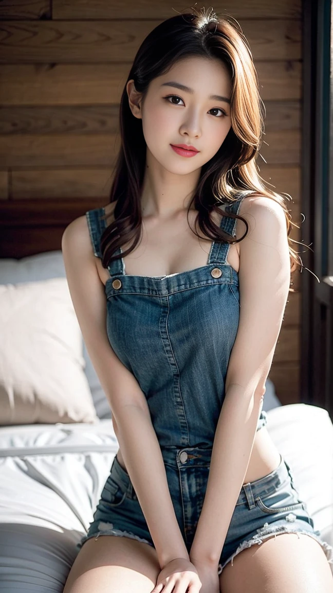 best quality, masterpiece, beautiful and aesthetic, 16K, (HDR:1.4), high contrast, bokeh:1.2, lens flare, (vibrant color:1.4), (muted colors, dim colors, soothing tones:0), cinematic lighting, ambient lighting, sidelighting, Exquisite details and textures, cinematic shot, Warm tone, (Bright and intense:1.2),Filming:1.5, breast:1.3, on the bed:1.2, Denim shorts:1.2, Fitness:1.2, best quality, masterpiece, Ultra-high resolution, Reality:1.4, Realistic skin texture:1.3, Willow Waist, Cowboy shooting, Low profile, night, 1 Girl, Beautiful and delicate eyes, Brown eyes, White vest:1.3, brown hair:1.2, Very long hair:1.7,with a round face, 32 inches in the chest,(a charming smile:1), (sexy pose),, (Cute boyish Korean girl, Tomboy), Open your legs:1.4