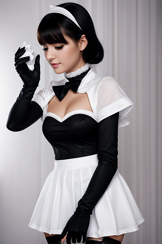 Young blond woman wearing white skirt and black stockings being held with a hand in a black glove over a white cloth over her face by a beautiful young woman with black hair and wearing bunny suit with black gloves behind her
