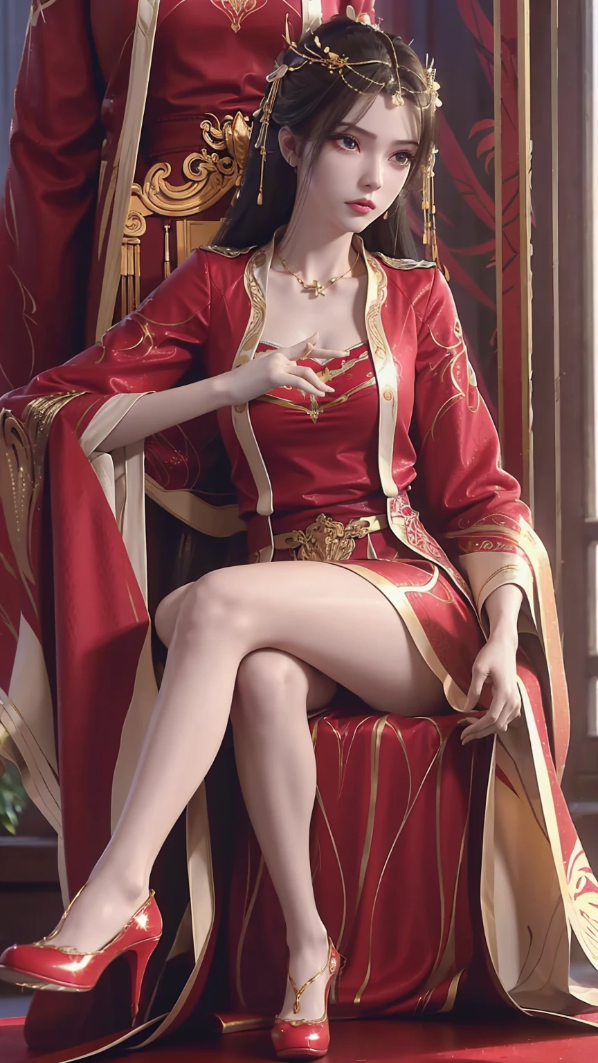 A beautiful young woman,Long hair,Wear red pajamas,Sitting on the bed,High heel,Wearing a dress,Side-lying,Cross-legged,Full body shot,(Best picture quality,4K,8K,high-definition,excellent work:1.2),Ultra Detail,(Realistic,Realistic,Realistic:1.37),Delicate eyes,Delicate lips,Extremely detailed face and eyes,Long eyelashes,Natural light,Warm colors,Soft Focus,,portrait,Chiaroscuro,Deep scene,Delicate eyes,Jade Hands,Clear fingers