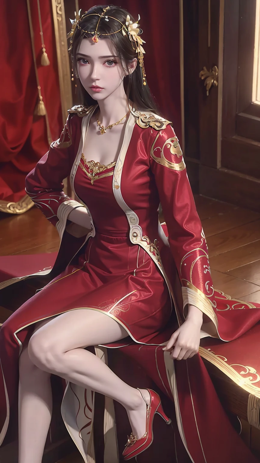 A beautiful young woman,Long hair,Wear red pajamas,Sitting on the bed,High heel,Wearing a dress,Side-lying,Cross-legged,Full body shot,(Best picture quality,4K,8K,high-definition,excellent work:1.2),Ultra Detail,(Realistic,Realistic,Realistic:1.37),Delicate eyes,Delicate lips,Extremely detailed face and eyes,Long eyelashes,Natural light,Warm colors,Soft Focus,,portrait,Chiaroscuro,Deep scene,Delicate eyes,Jade Hands,Clear fingers