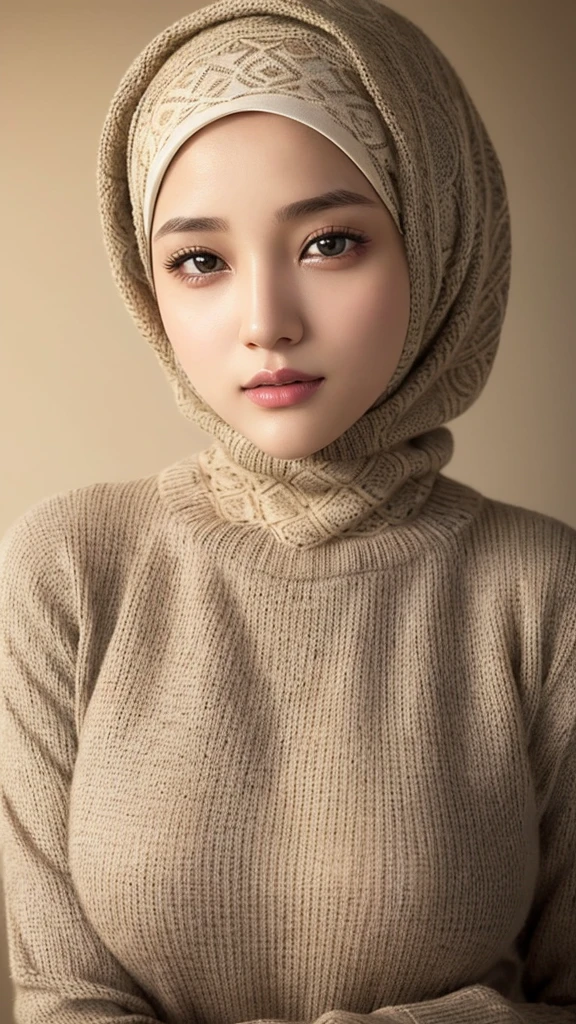 a beautiful woman wearing a hijab, tight sweater, detailed facial features, intricate patterns on hijab, soft lighting, warm color tones, elegant pose, photorealistic, cinematic, highly detailed, 8k, masterpiece