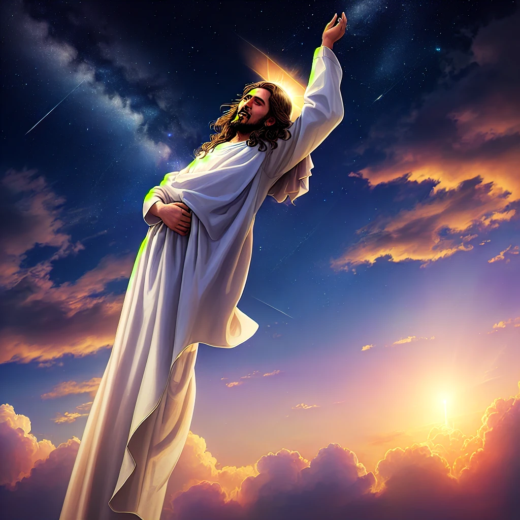 Jesus ascends into heaven, Beautiful skies and brilliant lights,