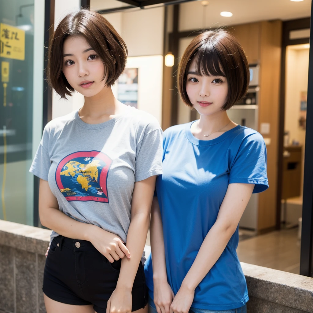Japanese girl, short haircut, 20 yrs old, one girl, cute, large breasts, wearing short sleeve t-shirt