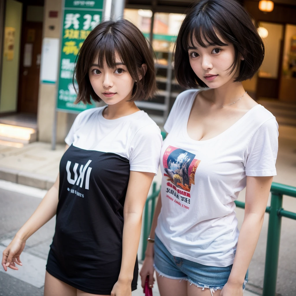 Japanese girl, short haircut, 20 yrs old, one girl, cute, large breasts, wearing short sleeve t-shirt