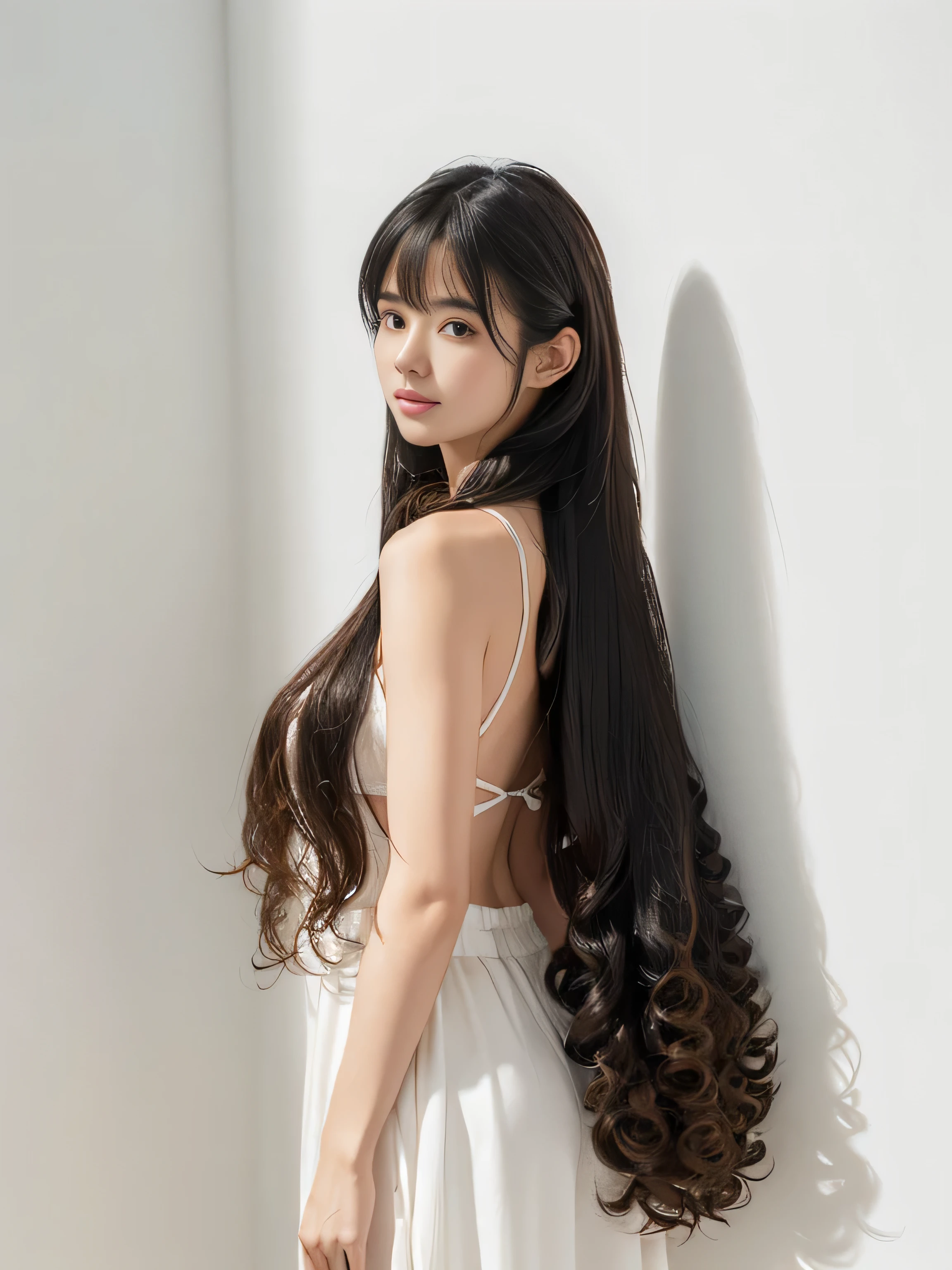 (Upper Body Shot:1.1) (She is standing in front of a white wall and in a sway back stance, Expose as much hair as possible.:1.4) ((He holds her large breasts from underneath with both hands.)) ((Highest quality)), ((masterpiece)), (family friendly), (Get used to it) ((Her hair is very straight!!!!!)) ((Her hair is very curly:1.4)) ((Her hairstyle is random)) (Her hair is pitch black!!!) ((Her bangs are neatly trimmed and straight down.:1.3)) (Very long hair Up to the ankle!!!!! Highest quality Attention to detail Very long hair Up to the ankle!!!!! Very long hair!!!!! It lasts forever!!!!! Flowing Hair Very shiny and thick hair Abnormally long hair!!!!! It lasts forever!!!!! Flowing Hair on both ends!!!!! Very long hair!!!!! Up to the ankle!!!!! Very long hair!!!!! Up to the ankle!!!!! Thick and shiny hair Very free hair Abnormally long hair!!!!! Beautiful silky hair Beautiful and shiny hair Beautiful and shiny hair Beautiful silky hair Very long hair Up to the ankle!!!!! Very long hair!!!!! Very long hair!!!!!) (Japanese Solo Photos'The most beautiful 24-year-old hair models:1.5) Perfect Woman'face (She has a typical Japanese build and skin color..., Her skin is very high quality and ultra high definition.、very beautiful and glowing skin) (Her face is dignified and sexy)(She applied sexy makeup with the help of a professional makeup artist..... Lipstick is bright red The eyeliner is a beautiful black) (She has a typical Japanese build and skin color Her skin is very delicate and sensitive..、and、Such beautiful and radiant skin) ((Her face shape is thinner than average:1.4)) ((Her eyes are larger than average:1.4)) ((Her eyes are larger than average:1.4)) ((Rich 1.4)) (Extremely detailed 8K) (Ultra-fine skin texture 1.4) (current, Vibrant:1.4), Sharp focus:1.2、Beautiful woman:1.4 Dynamic Lighting (Genuine RAW photos taken by professional photographers) very beautiful and glowing skin) (Surreal photos by professional photographers :1.2) (Very long hair Up to the ankle!!!!! Highest quality Attention to detail Very long hair Up to the ankle!!!!! Very long hair!!!!! It lasts forever!!!!! Flowing Hair Very shiny and thick hair Abnormally long hair!!!!! It lasts forever!!!!! Flowing Hair on both ends!!!!! Very long hair!!!!! Up to the ankle!!!!! Very long hair!!!!! Up to the ankle!!!!! Thick and shiny hair Very free hair Abnormally long hair!!!!! Beautiful silky hair Beautiful and shiny hair Beautiful and shiny hair Beautiful silky hair Very long hair Up to the ankle!!!!! Very long hair!!!!! Very long hair!!!!!)