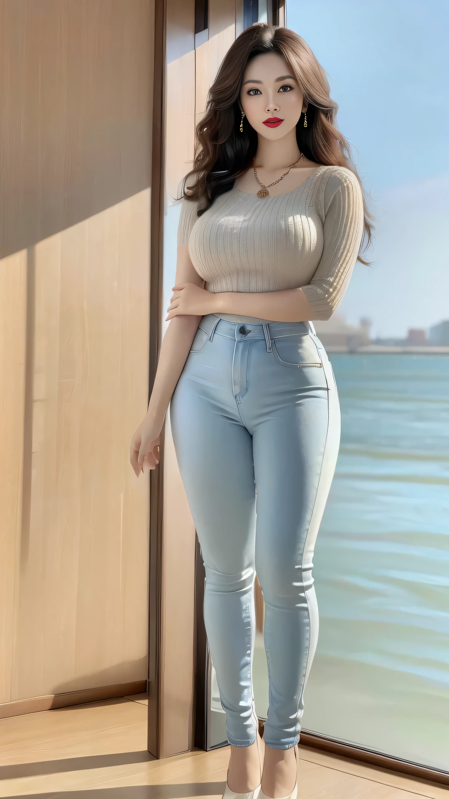 Chinese mature woman, standing, casual sexy pose, seaside background, light-colored clothes (no cleavage), makeup, (lipstick: 1.1), (eyeliner: 1.2), mascara, eye shadow, earrings, necklace, light blue skinny jeans, light knitted top, full body photo, 35 years old, big eyes, elegant temperament, (masterpiece: 1.2, best quality), character focus lens, close-up, carefully, this is a perfect face, perfect figure, 8K, best quality, masterpiece, ultra-high resolution, (realistic: 1.4), original photo, stay focused, rich details, exquisite beauty, long curly hair, dynamic angle, (red lips), exquisite graphics, high heels