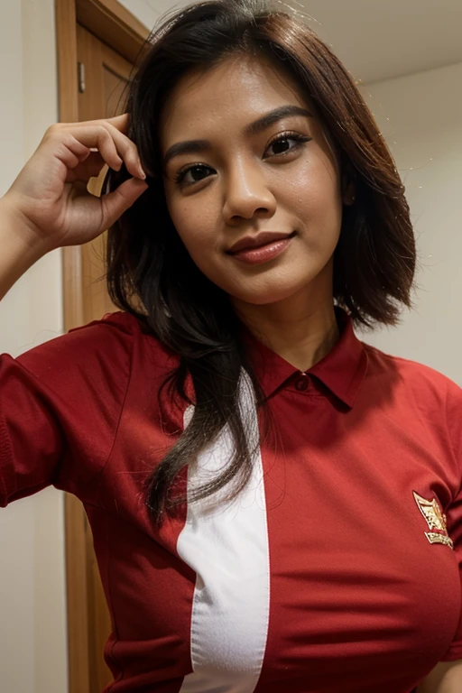 30 years malaysian lady, wearing red shirt, polite, hyper fidelity