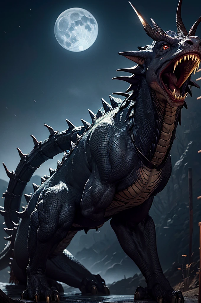 insanely detailed, absurdres, sky, dragon, furious, looking down, giant, japanese, in the sky, at night, dark fantasy, full body shot, golden ratio, moonlight, cold lighting