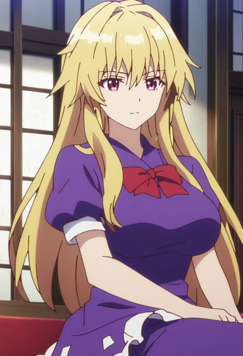 masterpiece, best quality, screencap, 1girl, solo, adult, yukari yakumo, touhou, blonde hair, long hair, golden earrings, pink eyes, detailed face, purple dress, white corners, large breasts, red bow, red bows on dress, sitting