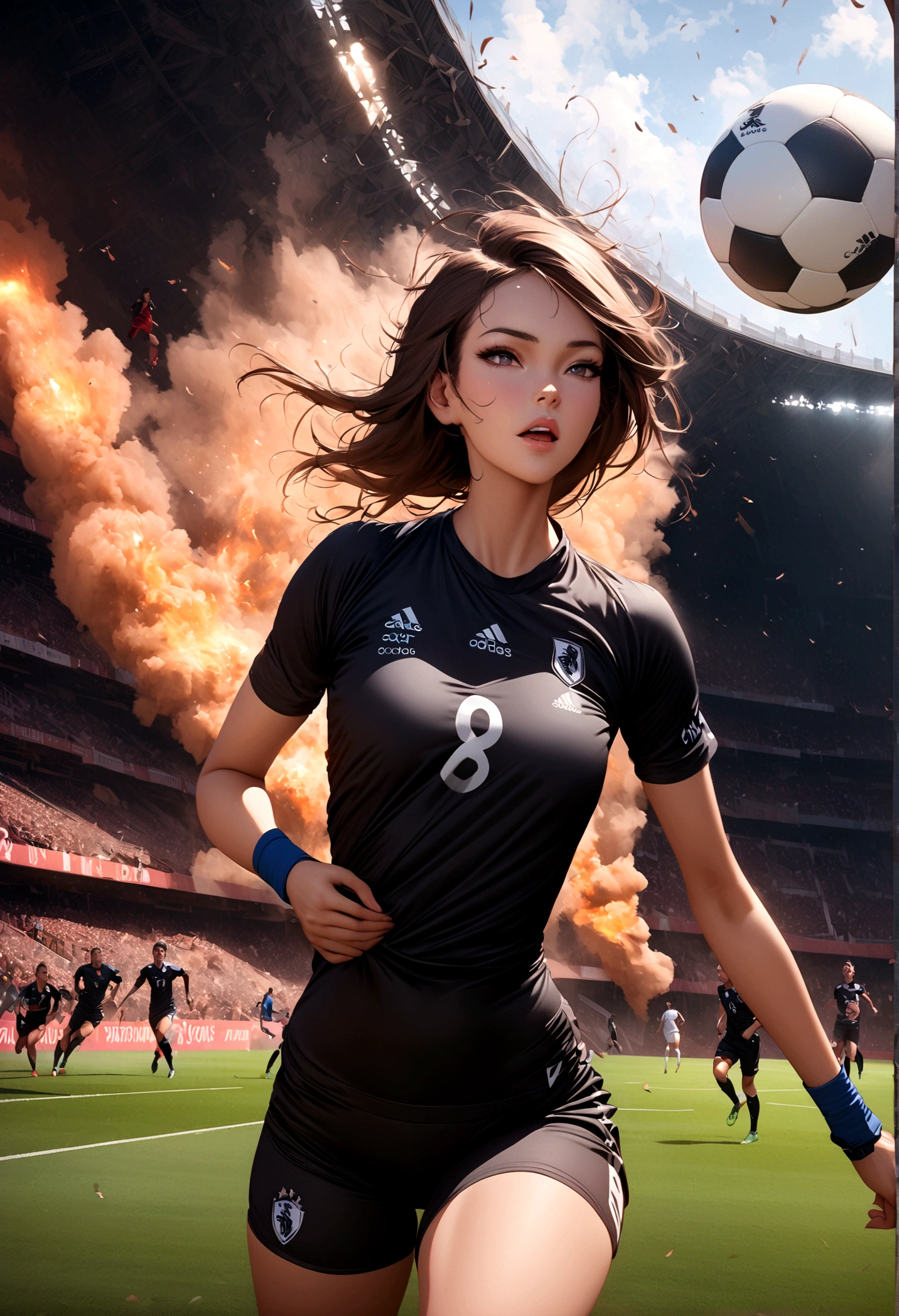 ((Masterpiece, top quality, high resolution)), ((highly detailed CG unified 8K wallpaper)), (huge stunning goddess shot, very hot and sexy, jaw-dropping beauty, perfect proportions, beautiful body, slim body beauty:1.1), there is a man that is jumping to catch a soccer ball, sport photography, high-speed sports photography, sports photography, action sports photography, action photography, award winning sports photography, athlete photography, rinat voligamsi, by Paul Davis, movie shot, high quality action photography, soccer, press photography, claudio bravo, editorial photo, wide angle dynamic action shot,