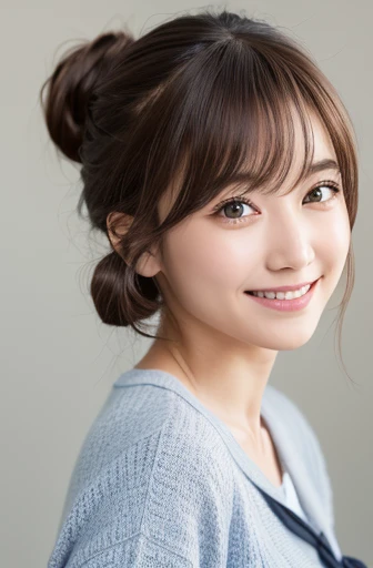 masterpiece:1.3), (8K, Realistic, RAW Photos, Best image quality: 1.4), Japanese schoolgirl、(Random Hairstyles:1.2)、Highly detailed face、Attention to detail、double eyelid、Chest to chest、Sharp focus:1.2、Beautiful woman:1.4、Light brown hair、Highest quality、masterpiece、Ultra-high resolution、(Realistic:1.4)、に詳細でプロフェッショナルに照らされたsmile、Loose、Summer clothes、thin、smile、Short-haired、Deadly position、Hair Bun、whole body