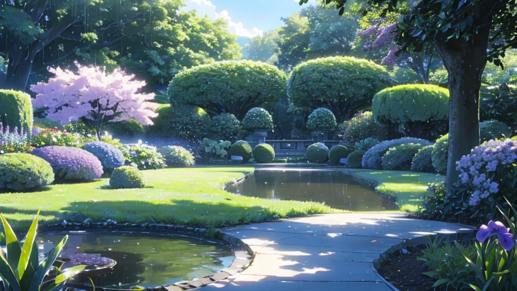 Placed in a garden where irises are in bloom1Grand pianos、After the rain, a faint rainbow hangs in the sky、White cloud、An empty garden、A faint rainbow