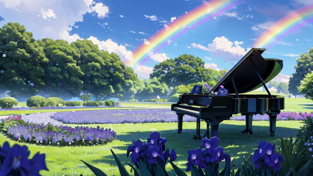 Placed in a garden where irises are in bloom1Grand pianos、After the rain, a faint rainbow hangs in the sky、White cloud、An empty garden、A faint rainbow