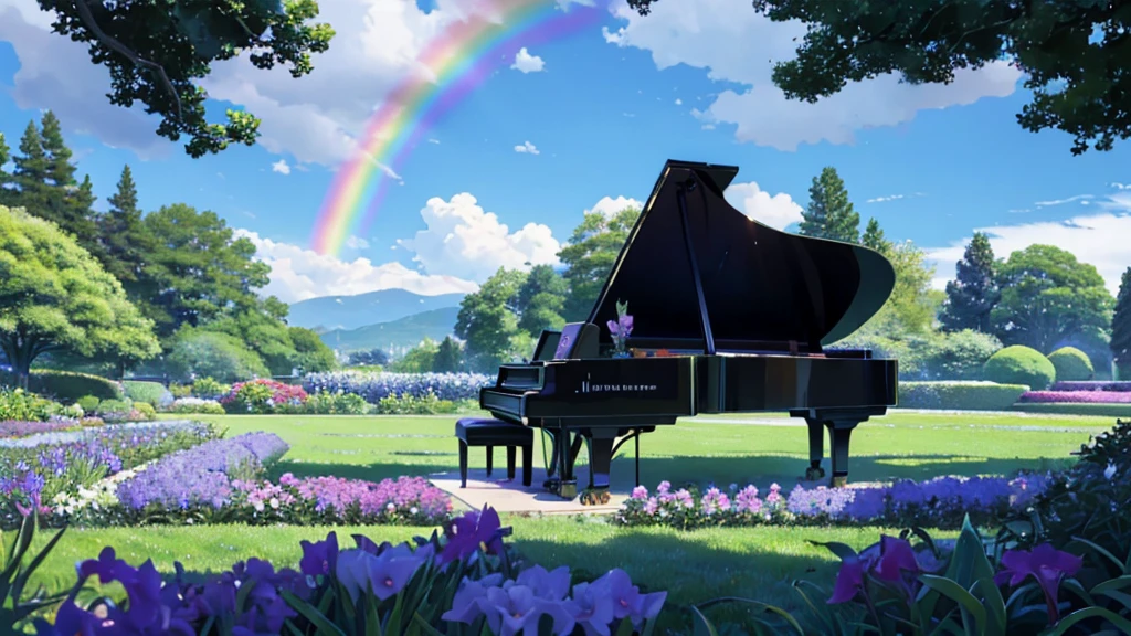 Placed in a garden where irises are in bloom１Grand pianos、After the rain, a faint rainbow hangs in the sky、White cloud、An empty garden、A faint rainbow