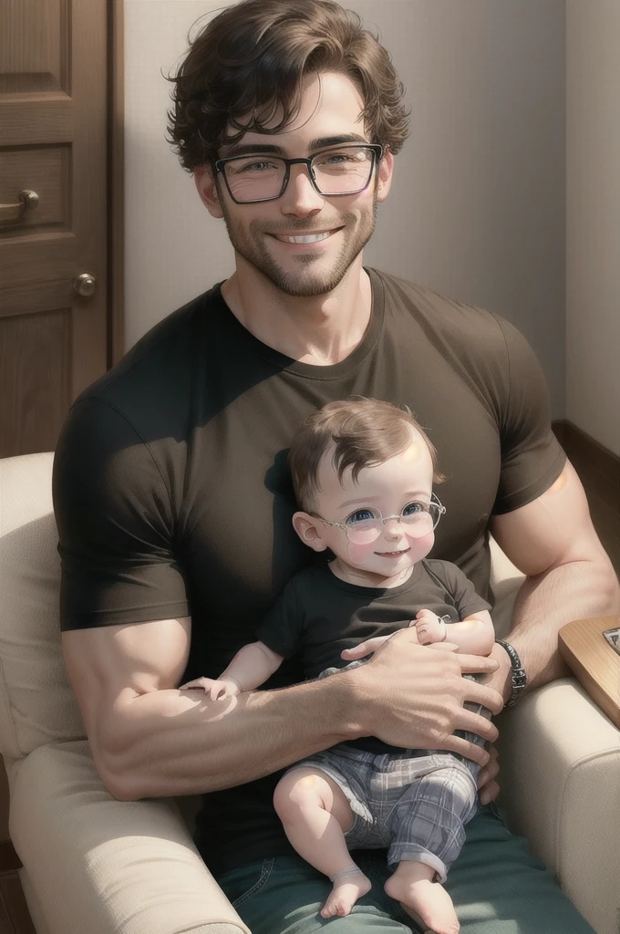 Adult man smiling with with baby on lap, brown glasses, wearing black t-shirt plaid shirt