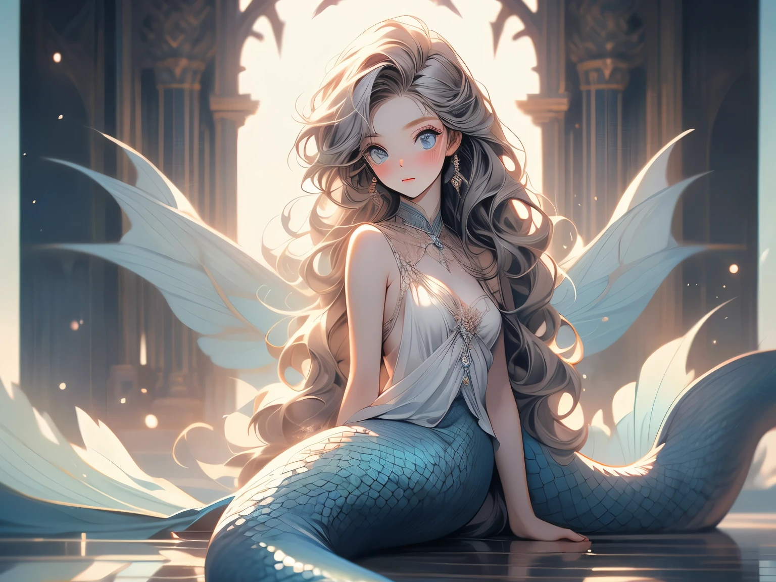 1girl, (full-body view), ((dark fantasy siren)),((girl with wavy hair, pale skin),((light blue eyes)), Mermaid's tail, freckles,(girls 18 years old),?????? posing,Gothic background, Dark fantastic view,Best Quality,masutepiece,8K,The ultimate detailed dark background, Top image quality、RAW photography、超A high resolution, overall look is very ??????, round chest, Beautiful Eyes of Details、Very slender eyes、Beautiful eyelashes、Very slim physique, with blush cheeks
