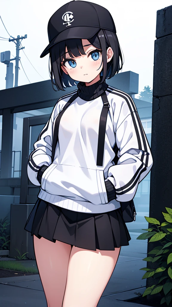 1girl, solo, blue eyes, (detailed eyes), flat chest, ((short hair)), black hair, Very big and pointy breasts, Thin waist, Hyper thick thighs, (baseball hat), white cap, (waterproof jacket), large jacket, (white jacket), skirt, black skirt, black socks, standing, (hands in pockets), ((Closed sweater)), upper body, (white background), Transparent background, looking at viewe, ((masterpiece, illustration, best quality)) 