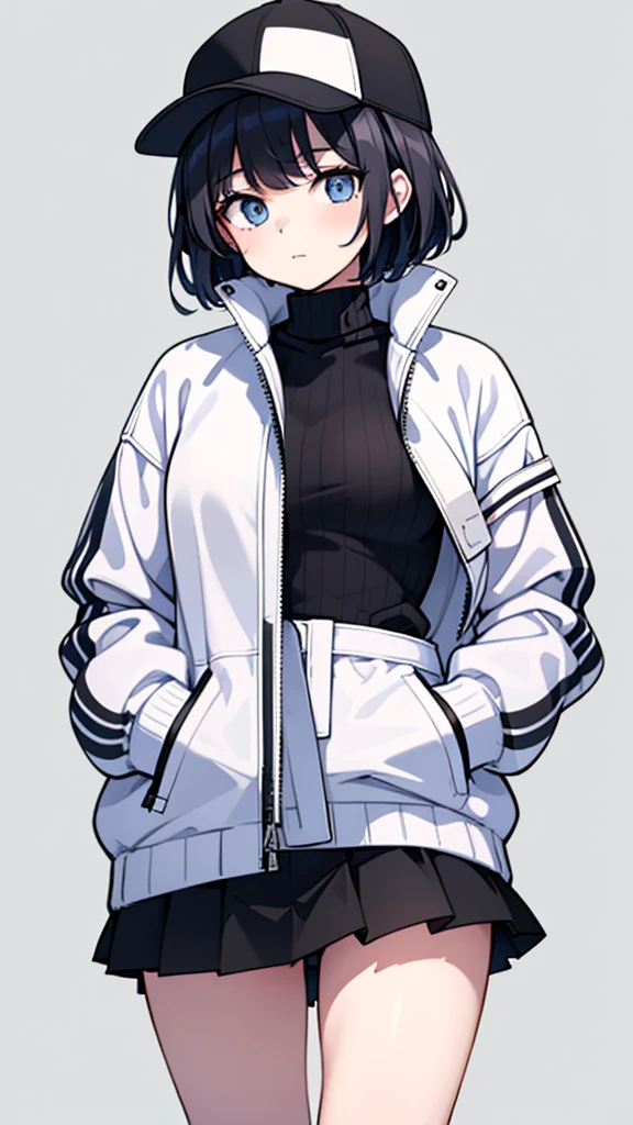 1girl, solo, blue eyes, (detailed eyes), flat chest, ((short hair)), black hair, Very big and pointy breasts, Thin waist, Hyper thick thighs, (baseball hat), white cap, (waterproof jacket), large jacket, (white jacket), skirt, black skirt, black socks, standing, (hands in pockets), ((Closed sweater)), upper body, (white background), Transparent background, looking at viewe, ((masterpiece, illustration, best quality)) 