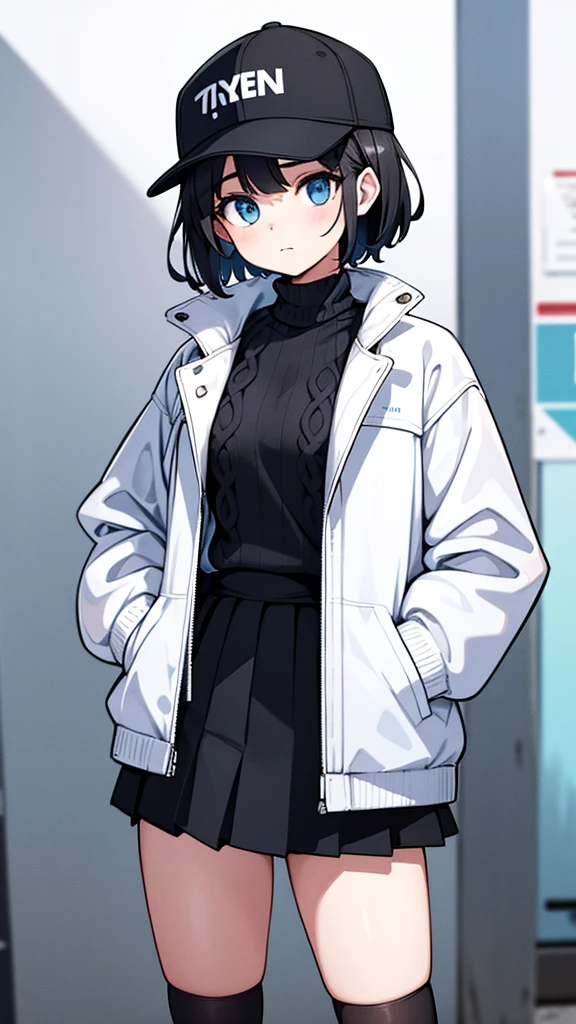 1girl, solo, blue eyes, (detailed eyes), flat chest, ((short hair)), black hair, Very big and pointy breasts, Thin waist, Hyper thick thighs, (baseball hat), white cap, (waterproof jacket), large jacket, (white jacket), skirt, black skirt, black socks, standing, (hands in pockets), ((Closed sweater)), upper body, (white background), Transparent background, looking at viewe, ((masterpiece, illustration, best quality)) 