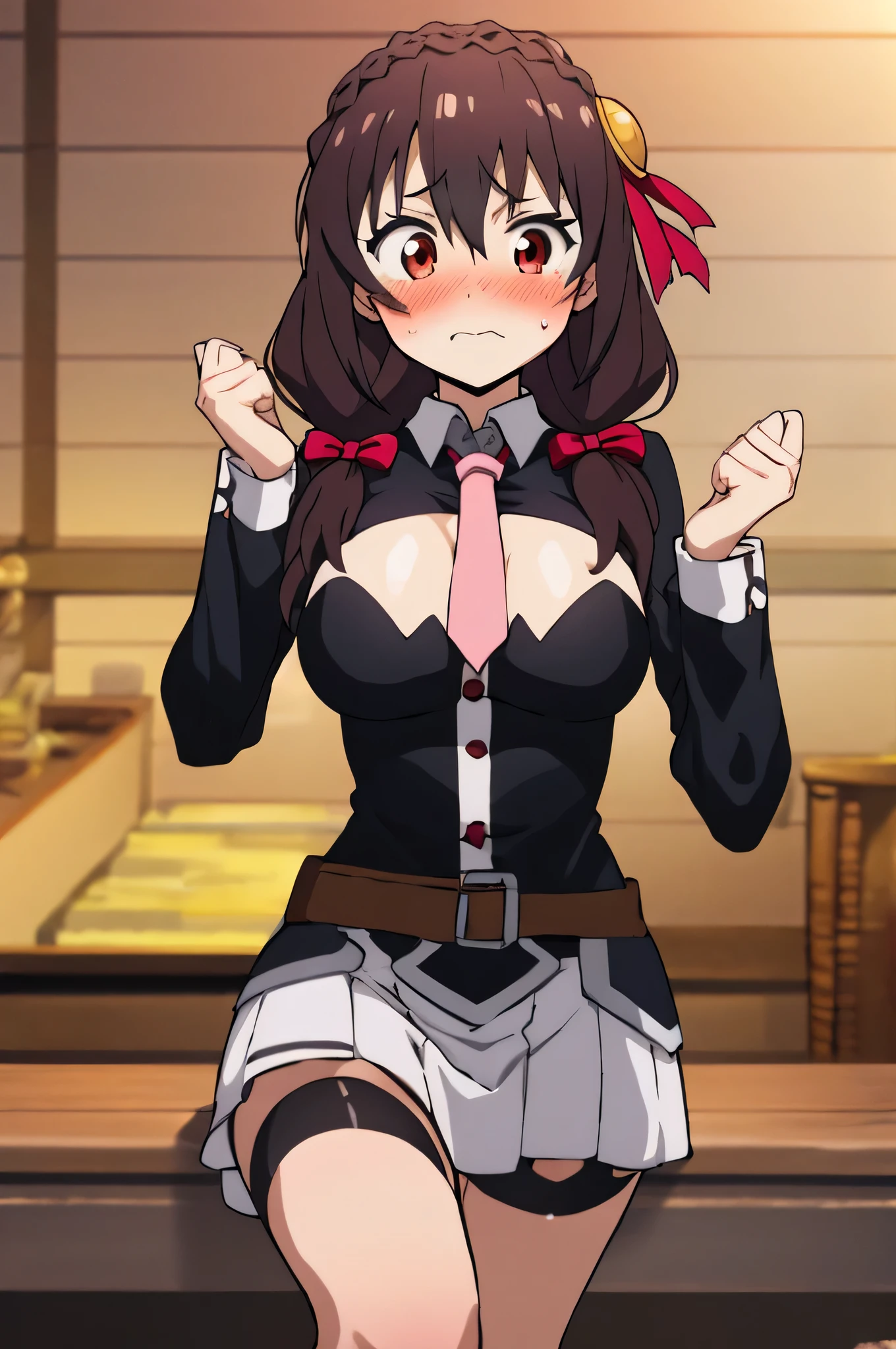 (masterpiece, Highest quality), One girl,    Yunyun,Long Hair,Braiding,Twin tails,Hair between the eyes,Red hair ribbon,hair ornaments,large round breasts,、Pink Skirt、Black Hair、Crown Blade,Black Shirt, Long sleeve,Pink tie, belt, Cleavage cutout、Above the knee、Red eyes、(blush:1.*****ung face、(Puffing out cheeks and sulking:1.2)、View the viewer