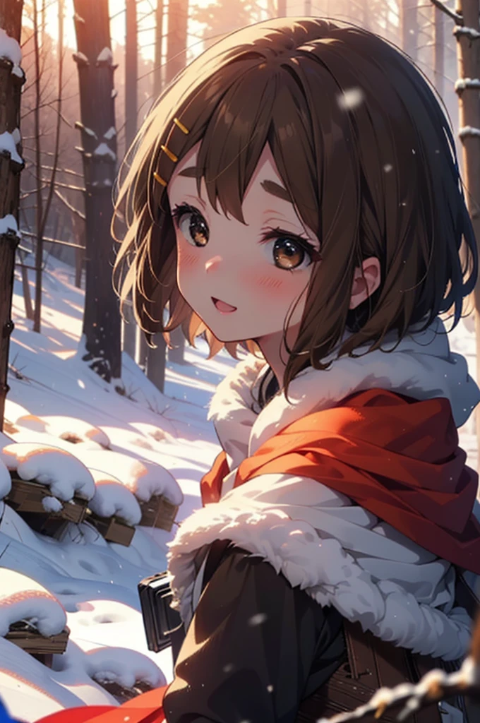 yuihirasawa, Yui Hirasawa, short hair, Brown Hair, hair ornaments, (Brown eyes:1.5), Hair Clip、smile,smile,blush,White Breath,
Open your mouth,snow,Ground bonfire,, Outdoor, boots, snowing, From the side, wood, suitcase, Cape, Blurred, , forest, White handbag, nature, Squat, Mouth closed, Cape, winter, Written boundary depth, Black shoes, red Cape break looking at viewer, Upper Body, whole body, break Outdoor, forest, nature, break (masterpiece:1.2), Highest quality, High resolution, unity 8k wallpaper, (shape:0.8), (Beautiful and beautiful eyes:1.6), Highly detailed face, Perfect lighting, Highly detailed CG, (Perfect hands, Perfect Anatomy),
