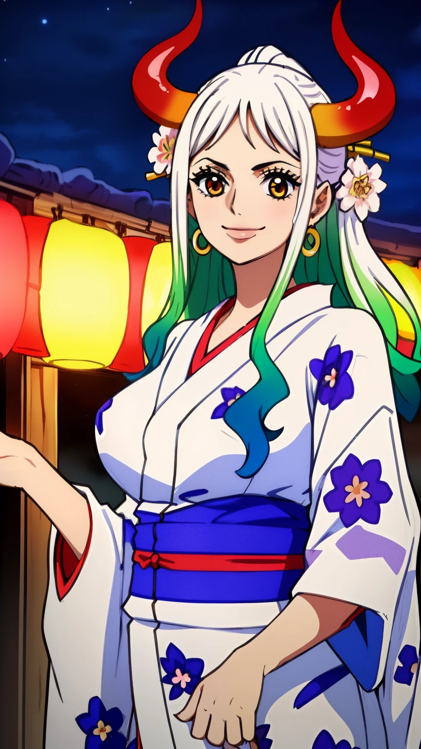 (masterpiece, best quality, high , 8k:1.2),anime, detailed, Yamato, White hair, Earrings, 1 girl, Smiling,Colorful hair, Solo, Horns, Green hair, Long hair, Jewelry, Large breasts, (Floral yukata, Summer festival, Night,Cowboy shot:1.3),looking at viewer,