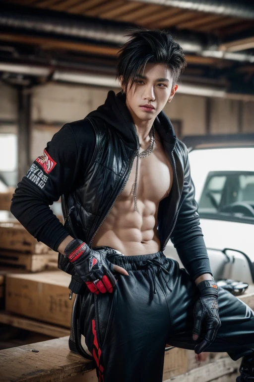 Best Quality,hight resolution:1.2) an young asian male rapper with a short mullet hair, Fox Motocross gloves, Fox Motocross pants, mx boots, ripped hoodie, bulletproof vest, in the style war aesthetics, post war, post-apocalyptic world, photorealistic, sharp focus, raw photo,(photoshoot style), ,