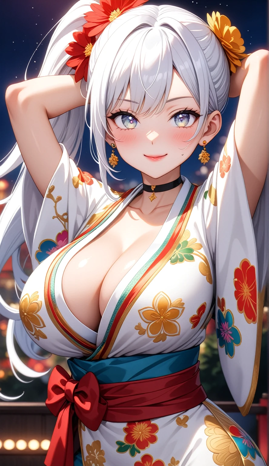 (One personの女性)), Beautiful Face, ((seductive smile)), ((Wink:2.0)), (Put your hands behind your head:1.5), Laugh with your mouth wide open,((Bright red cheeks:1.4)),Shiny red lips, night,rooftop,Festivals, firework,Glossy red lips,Facial lighting,((Anime style background)),masterpiece, Highest quality, so beautiful,up to date, Complex details, (Pink long nails), (ring),(bracelet),(choker),AI-generated, Complex,High resolution, Highest quality, super high quality,3D Images、3D Images,One person,Long white hair in a high side ponytail,(blue eyes), ((Fine grain、Silvery white colorful eyes、Shining Eyes:1.4)), (Squint your eyes:1.1), 写真のポーズをとるAnime Women, a hyperRealistic , hyperRealistic , Realistic,Anime Women, Smooth anime CG art, A woman in a colorful kimono with gold embroidery, (Black long sleeve kimono), Red floral pattern,Long flower hair ornament,Earrings,Mature Body,(Big Breasts:1.1),Tall,Narrow waist,(Zoom in on face:1.4),