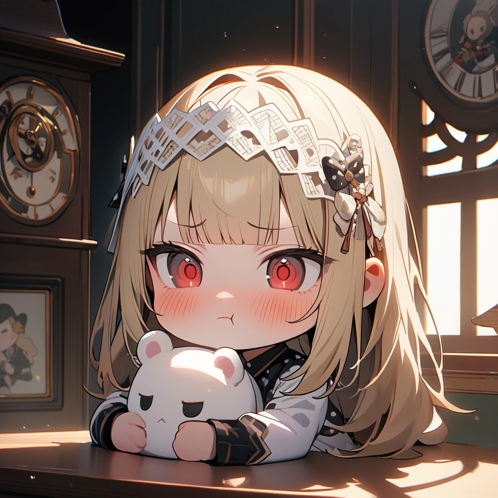 (8K, best quality, master piece: 1.2), super high resolution,1 girl is hugging a stuffed teddybear,,独奏,(chibi:1.4),15yo,ultra-detailed face,detailed eyes,Blonde,Long Hair, red eyes,blunt bangs,((pout)),blush,Portrait,white Fascinator,wearing a white dress with black polka dots,Plain black bolero jacket,one Cuckoo clock,Rim Light,Shooting from the side,room