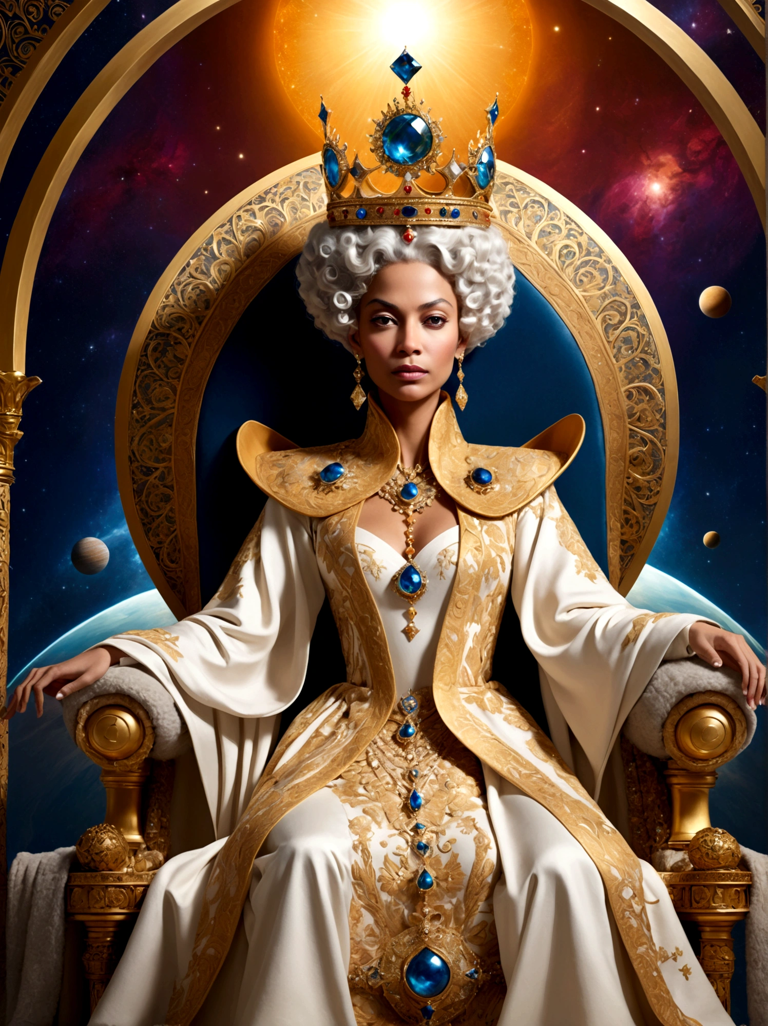(Queen:1.3)，A royal figure in a lavish robe, adorned with a large crown, is seated on a throne, The setting is otherworldly and surreal, located in the vast expanse of space, The figure is perched on a miniature planet that's enveloped entirely by the rich fabric of the robe, reflecting an element of royal extravagance