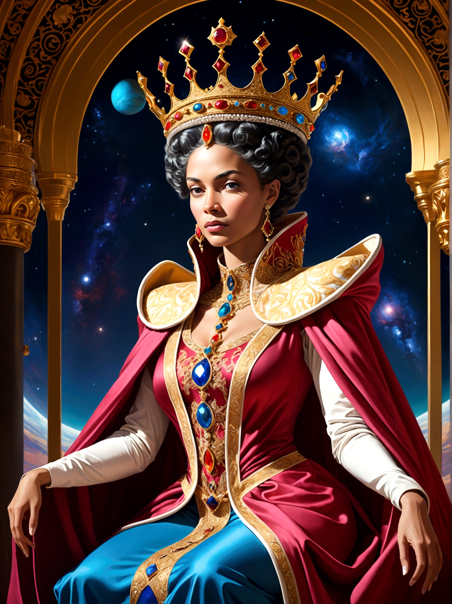 (Queen:1.3)，A royal figure in a lavish robe, adorned with a large crown, is seated on a throne, The setting is otherworldly and surreal, located in the vast expanse of space, The figure is perched on a miniature planet that's enveloped entirely by the rich fabric of the robe, reflecting an element of royal extravagance