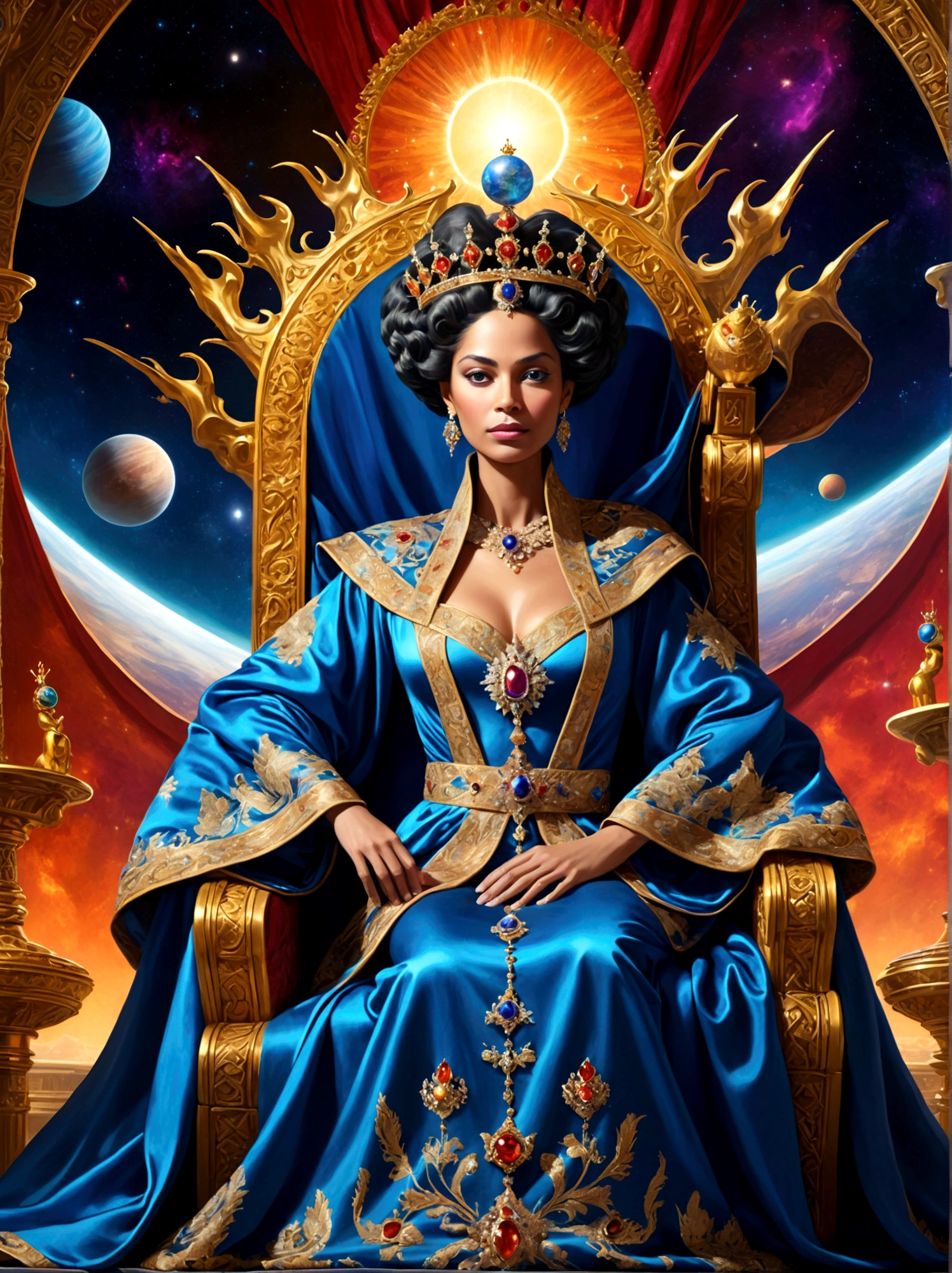 (Queen:1.3),A royal figure in a lavish robe, adorned with a large crown, is seated on a throne, The setting is otherworldly and surreal, located in the vast expanse of space, The figure is perched on a miniature planet that's enveloped entirely by the rich fabric of the robe, reflecting an element of royal extravagance