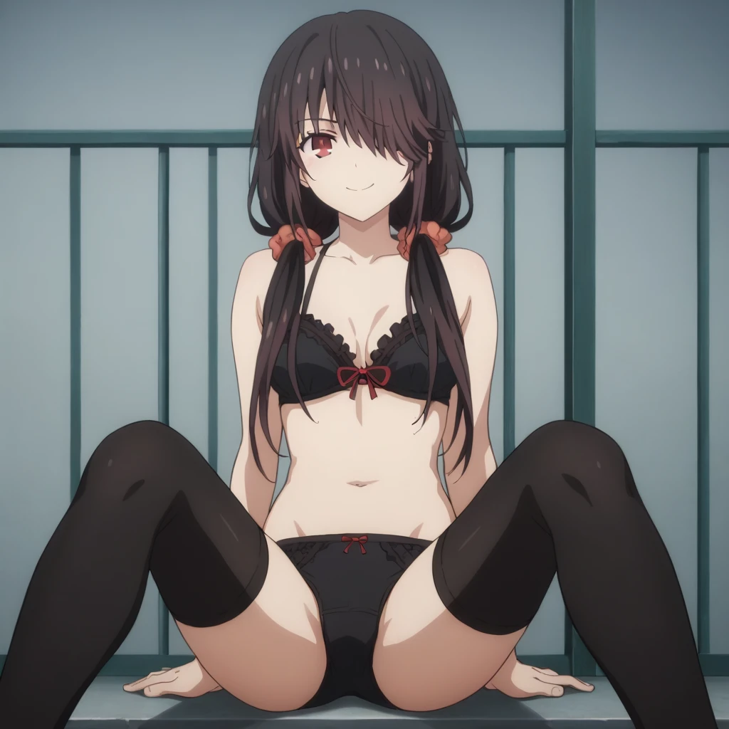 score_9, score_8_up, score_7_up, source_anime,
kurumitokisaki, kurumi tokisaki, black hair, red eyes, long hair, (bunches)
bare shoulder, ribbon, Black bra, bikini, briefs, hair over one eye,  black bikini, twintails, low twintails, black silk leggings
indoors, outdoor, smile,
looking at viewer, solo, sitting posture,legs apart