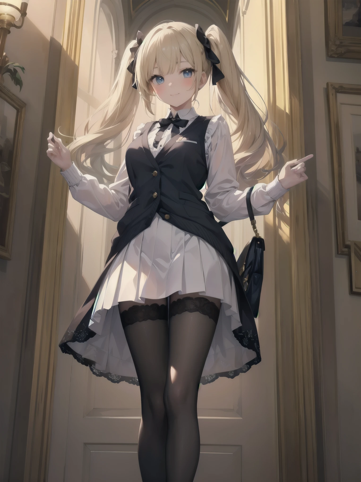 A lavish, photorealistic illustration of Soro, a charming 19th-century maiden, exudes elegance in a masterfully crafted scene. Framed by a ornate, gilded archway, she stands poised, her twintails adorned with sparkling bows, her cardigan vest and short-sleeved shirt perfectly complementing her plaid skirt. Over black legwear, her loafers add a touch of whimsy. A radiant smile spreads across her face, her eyes sparkling like diamonds in the soft, golden light. Every detail, from the intricate lace trim to the delicate folds of her garments, is meticulously rendered by a master illustrator's hand