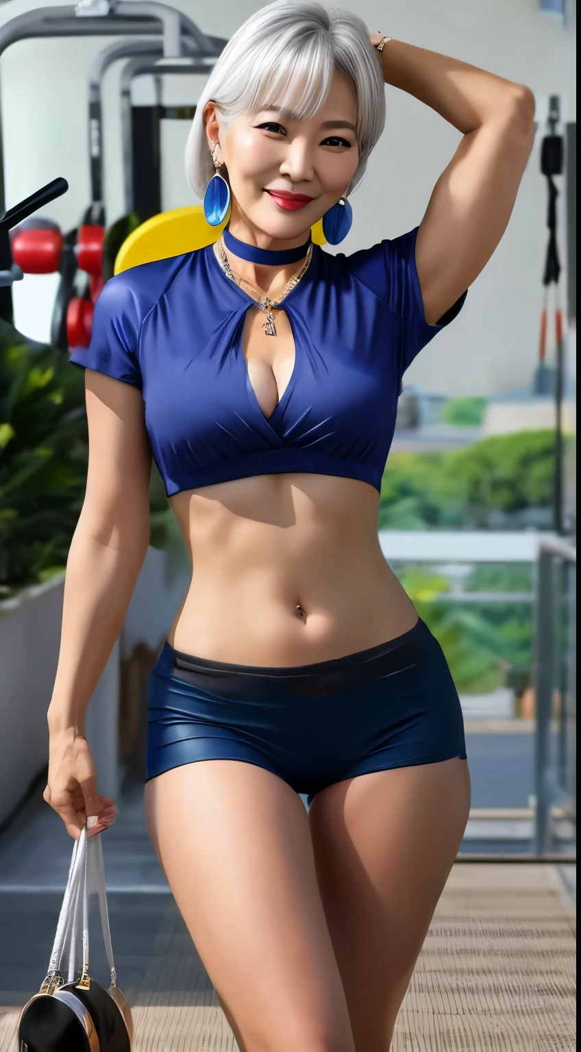 75 years old mom milf Korean, Lady large earring Big choker navel piercing decoration A bracelet Silver Hair realisitic Gorgeous Madame Beautiful Mature Woman sexly Smile Gentle woman navel piercing 4K High quality training gym Machine athlete Gorgeous Madame Beautiful Mature Woman