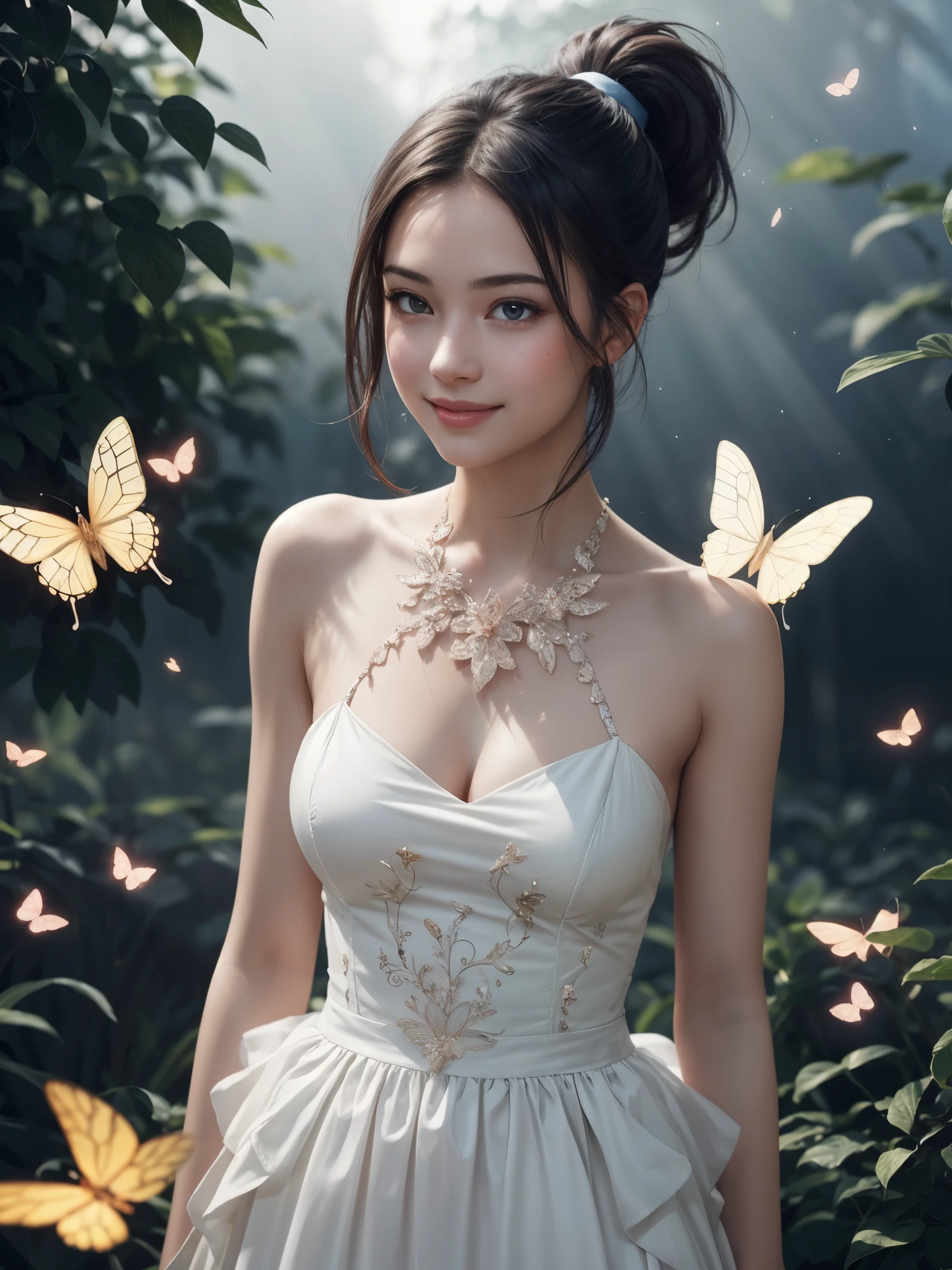 1girl, detailed face, (wet hair:0.6), looking at viewer, glittering glowing butterflies, glittering dust, sideboob, shoulder, blurry background, (realistic:1.3), dreamy, magical, mesmerizing, masterpiece, intricate details, high resolution, soft focus, soft light, professional lighting, calm smile, blush, detailed skin, photorealistic, short bob hair, ponytail, (tyndall effect:1.2), full body, (yo, cute:1.2), (breasts:1.2),