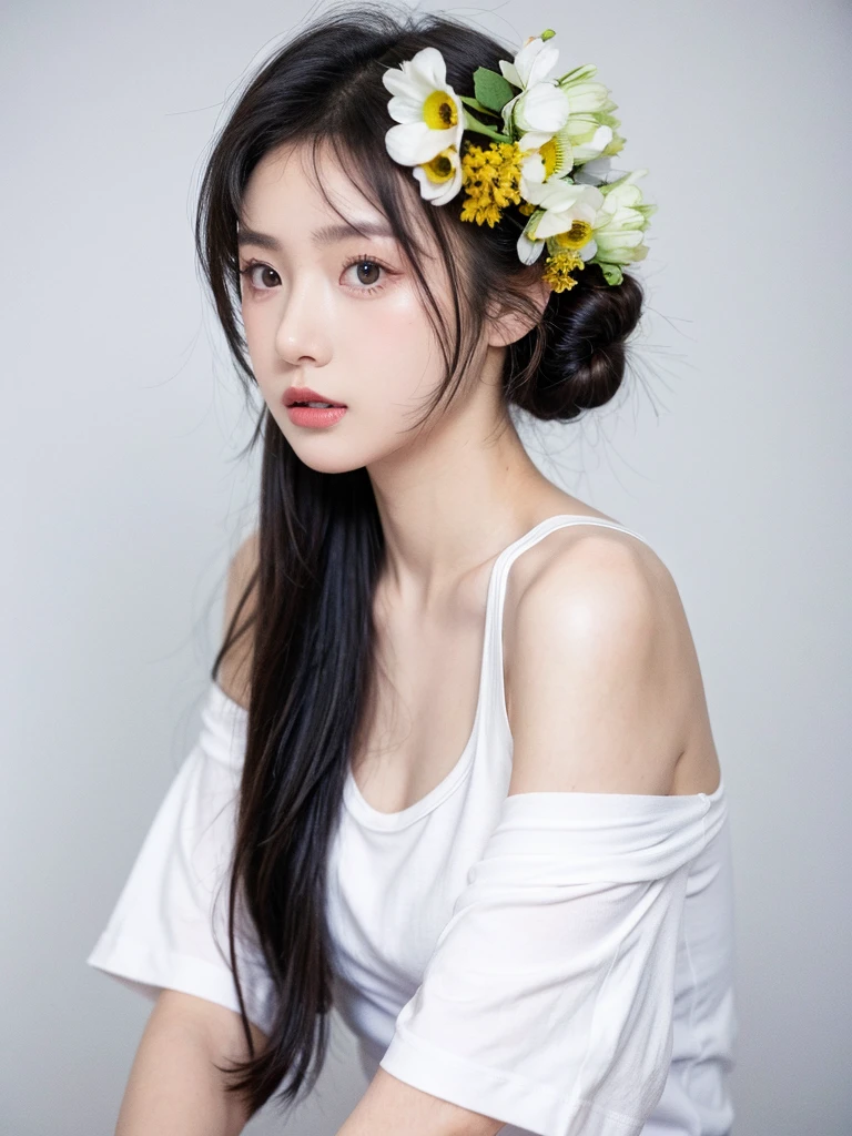 masterpiece,Best picture quality,Extreme details,Ultra-high resolution,Ultra-high definition,Beautiful young people,Glowing skin,thin,Black Hair,Half bun,1,big eyes,beautiful eyes,Lipstick,Exquisite facial features,Medium shot,Looking at the viewer, t-shirt,Single tone background,White background,Soft light,Wear flowers on your head