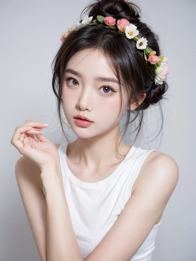 masterpiece,Best picture quality,Extreme details,Ultra-high resolution,Ultra-high definition,Beautiful young people,Glowing skin,thin,Black Hair,Half bun,1,big eyes,beautiful eyes,Lipstick,Exquisite facial features,Medium shot,Looking at the viewer, t-shirt,Single tone background,White background,Soft light,Wear flowers on your head
