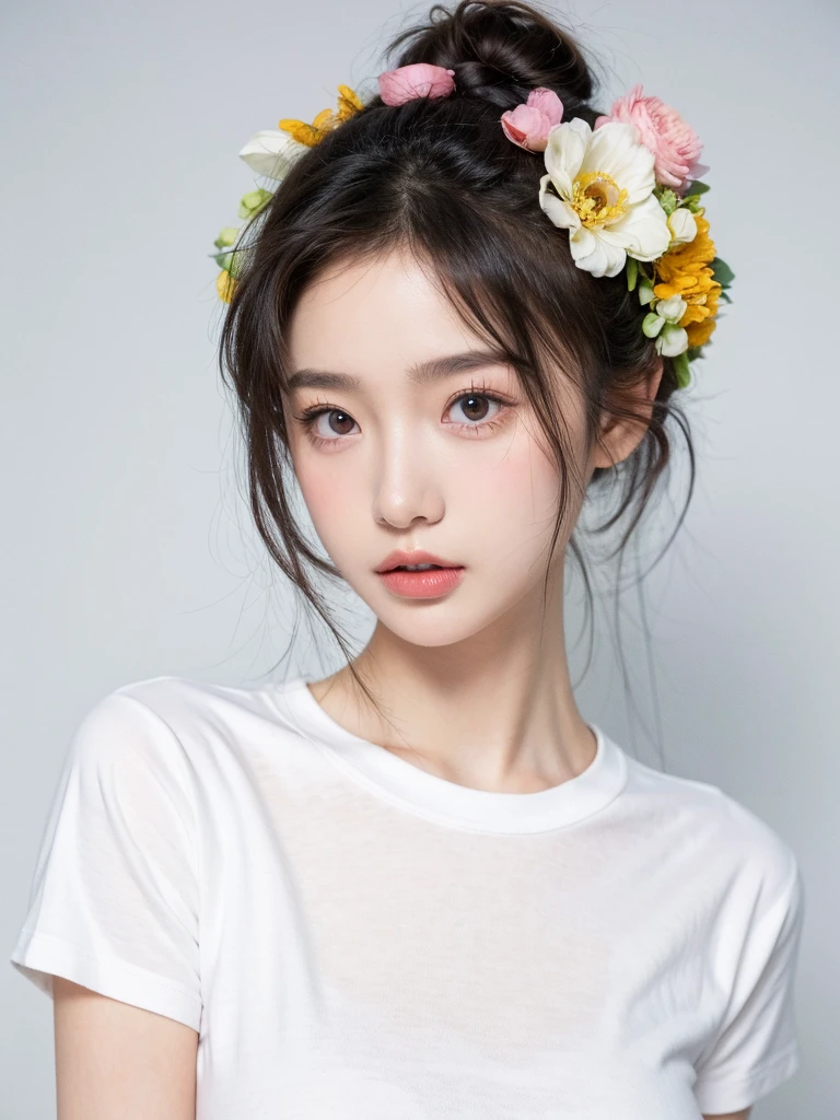 masterpiece,Best picture quality,Extreme details,Ultra-high resolution,Ultra-high definition,Beautiful young people,Glowing skin,thin,Black Hair,Half bun,1,big eyes,beautiful eyes,Lipstick,Exquisite facial features,Medium shot,Looking at the viewer, t-shirt,Single tone background,White background,Soft light，Wear flowers on your head