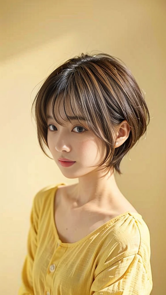 Woman in her early 30s、dark brown hair、Short hair、simple background, yellow blouse