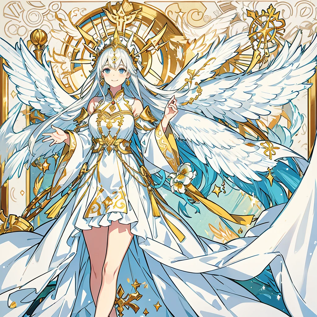 Woman , god of wisdom , peaceful smile , wrapping hands , long white dress and golden decorations , long hair , wings , colombs around her 