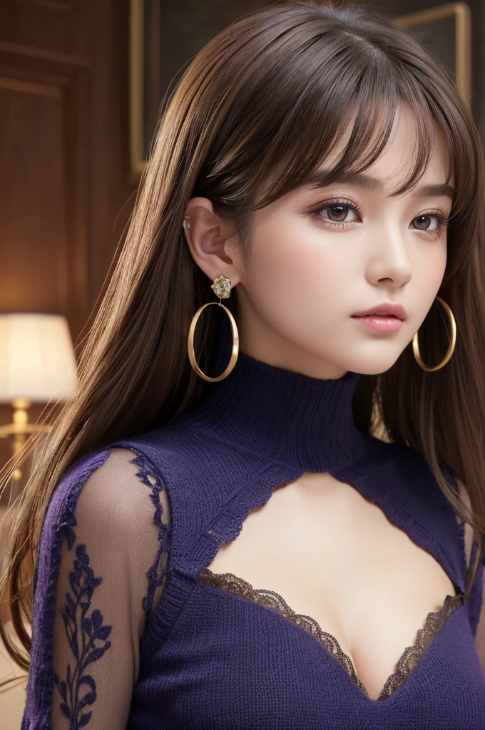 (Only one young girl Very detailed Beautiful face), Great face and great quality:1.4), (Super detailedな), (Very detailed CG synthesis 8k wallpaper), Very detailed, High resolution raw color photos, Professional photography, Realistic portraits, Great face and eyes, ((Brown eyes)), (((Straight long hair))), Model, Depth of written boundary, ,33 years old,,(fashionable earrings)Mastepiece、highest quality、Super detailed、details、High resolution、8k wallpaper、Perfect dynamic composition、Beautiful detailed eyes、Natural Lip、Dark purple knit dress、Big Breasts、Cleavage、Cross-legged,A living room decorated in blue