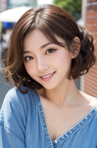 masterpiece:1.3), (8K, Realistic, RAW Photos, Best image quality: 1.4), Japanese schoolgirl、(Random Hairstyles:1.2)、Highly detailed face、Attention to detail、double eyelid、Chest to chest、Sharp focus:1.2、Beautiful woman:1.4、Light brown hair、Highest quality、masterpiece、Ultra-high resolution、(Realistic:1.4)、に詳細でプロフェッショナルに照らされたsmile、Loose、Summer clothes、thin、smile、Short-haired、Deadly position、Curly Hair