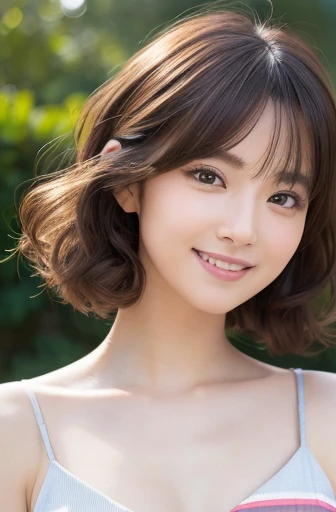 masterpiece:1.3), (8K, Realistic, RAW Photos, Best image quality: 1.4), Japanese schoolgirl、(Random Hairstyles:1.2)、Highly detailed face、Attention to detail、double eyelid、Chest to chest、Sharp focus:1.2、Beautiful woman:1.4、Light brown hair、Highest quality、masterpiece、Ultra-high resolution、(Realistic:1.4)、に詳細でプロフェッショナルに照らされたsmile、Loose、Summer clothes、thin、smile、Short-haired、Deadly position、Curly Hair