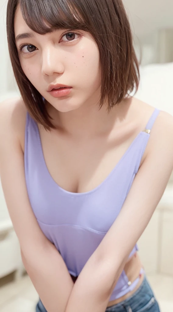 (((Are standing、Looking up from below:1.82、Composition above the knees)))、((Highest quality, 8K, masterpiece: 1.3)), sharp: 1.2, Perfect Body Beauty: 1.4, Slim Abs: 1.2, ((nude、Small breasts: 1.2)), (((Sheer short tank top:1.3,))), Short shorts:1.2, Bare shoulders, (((Underbust: 1.2))), Face close-up: 1.0, Highly detailed face and skin texture, Beautiful Eyes, double eyelid,